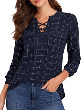 Madewell Silk Blouse Lace Up Windowpane Navy Long Sleeve S